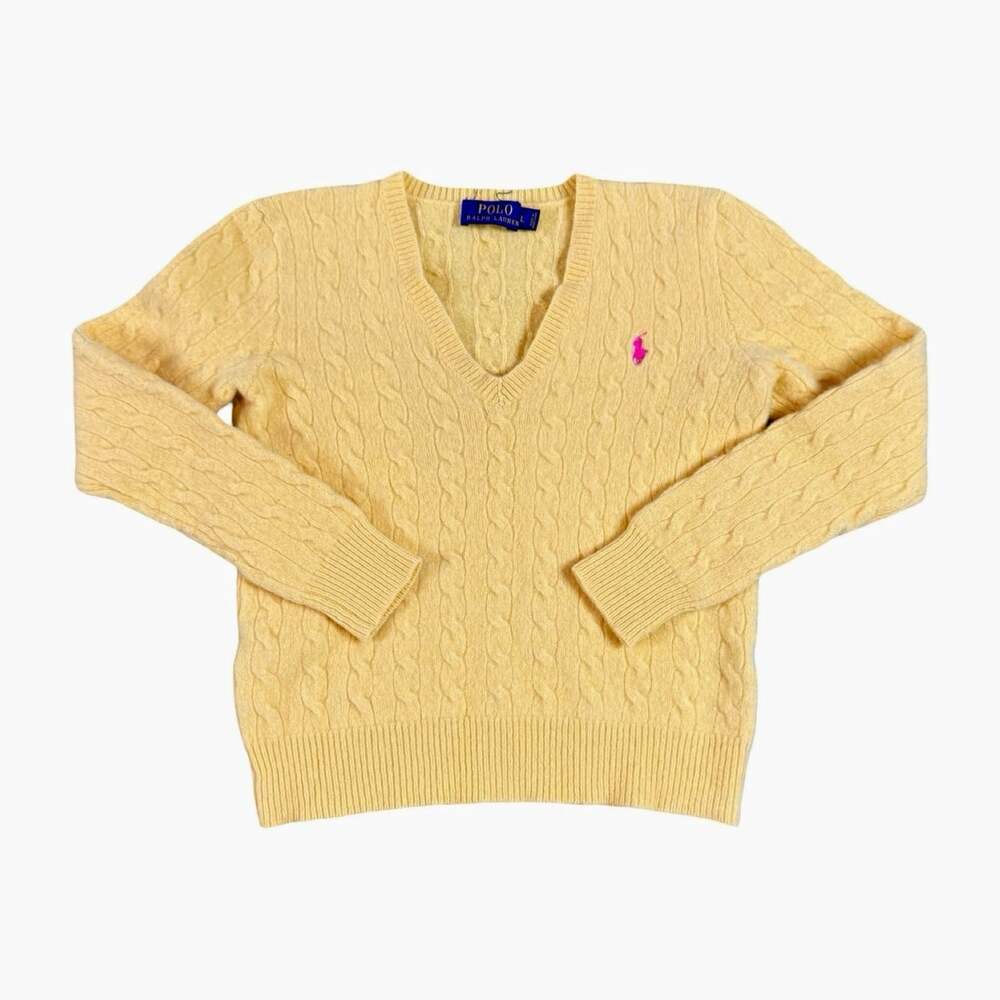 Polo Ralph Lauren Women’s Yellow Merino Wool Cashmere Cable-Knit V-Neck Sweater